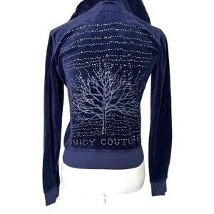 Y2K Juicy Couture Blue Velour Zip Hoodie Tree Rhinestone Women L - Fits Like S